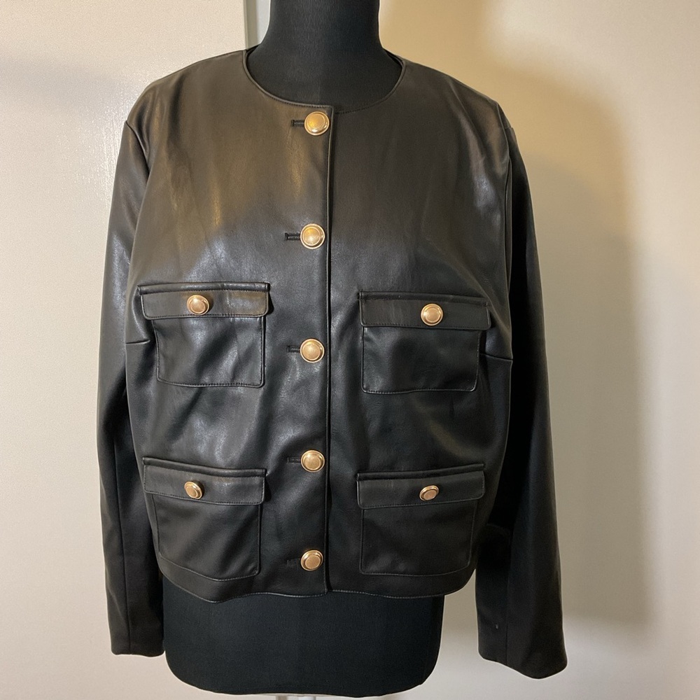 H&M Black Faux Leather Collarless Blazer Gold Button Jacket Size XL - Picture 4 of 9